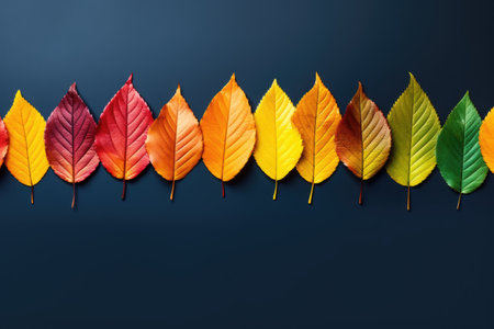 Top view of autumn foliage in multicolored gradient Changing seasons idea with copy spaceの素材