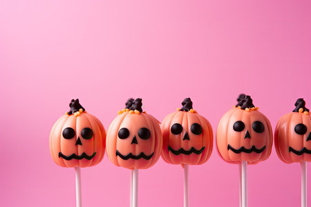 Text available on image of closeup Halloween cake pops on pink backgroundの素材