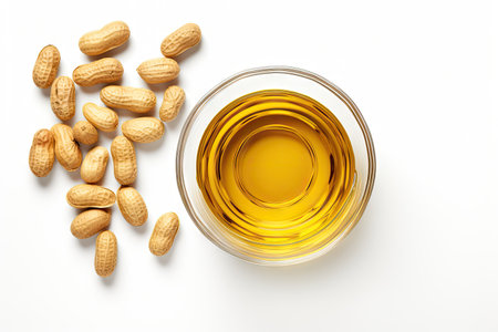 Top down view of dry peanuts and peanut oil in a glass bowl isolated on whiteの素材