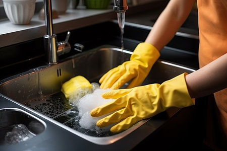 Woman washing dishes under running water dish soap man washing dirty dishes with glovesの素材