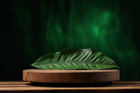 Wooden podium displaying cosmetics and health products on an autumn leaf in green shade Suitable forの素材