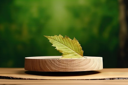 Wooden podium with autumn leaf backdrop for displaying beauty products and cosmetics during exhibitiの素材