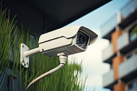 A condo s rooftop hosts a security cameraの素材