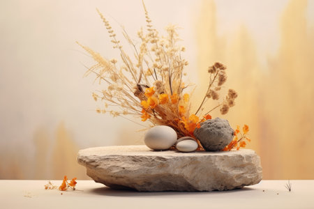 Abstract composition of stones and dried flowers on a stone podium on a beige background for interioの素材