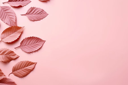 Autumn creative composition with dried leaves pastel pink backgroundの素材