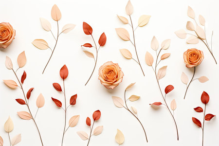 Autumn themed arrangement with eucalyptus roses and dried leaves on white Fall concept Overhead viewの素材