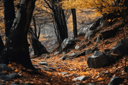 Autumn landscape with dark mountain forestの素材