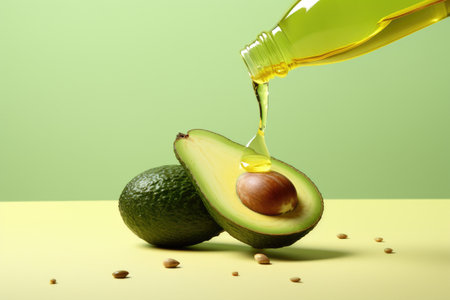 Applying essential oil to sliced avocado on a green surfaceの素材