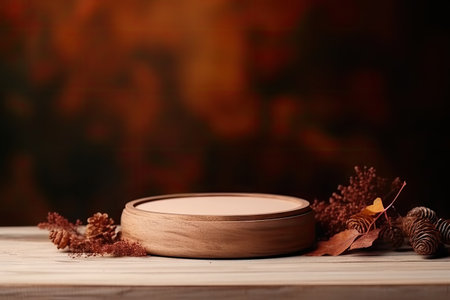 Autumn themed cosmetics displayed on a wooden podium with natural elements nearby studio platform avの素材