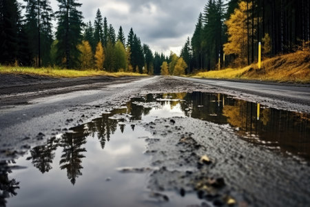 Autumn rain creates a puddle on a forest road under a dramatic skyの素材
