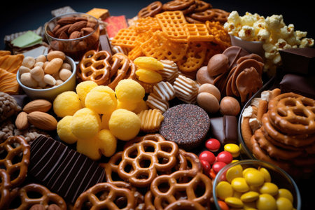 Assortment of cookies peanuts chips tacos pretzels salsa and chocolate barsの素材