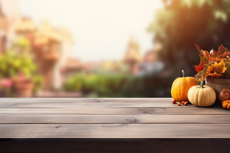 Autumn themed catering or food display with a rustic outdoor backdrop on an empty wooden tableの素材