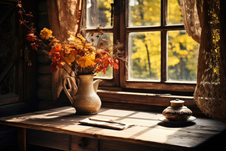 Beautiful autumn day table by the window old woodの素材