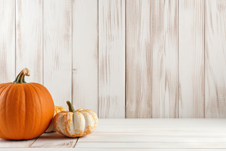 Autumn pumpkin displayed on white wood with empty areaの素材