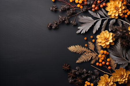 Autumn still life Flowers acorns pine cones anise star Flat view top copyの素材