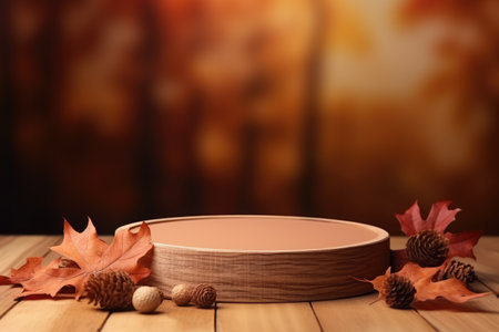 Autumn themed cosmetics displayed on a wooden podium with natural elements nearby studio platform avの素材