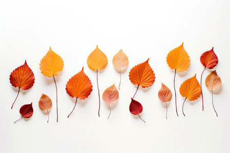 Autumn themed creative composition with dried leaves on a white backgroundの素材