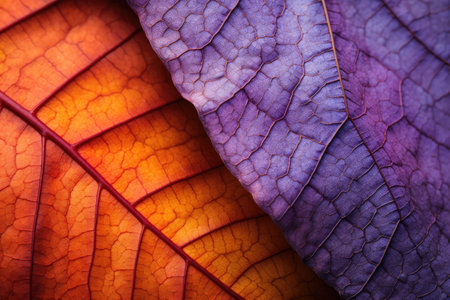 Close up of textured orange and violet leafの素材