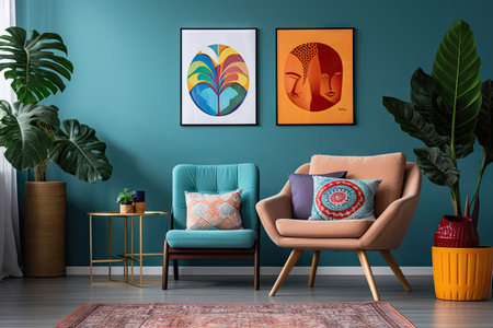 Colorful living room with red chair blue carpet couch ficus and postersの素材