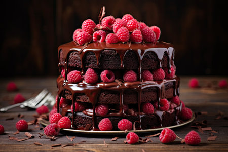 Chocolate cake with raspberries on topの素材