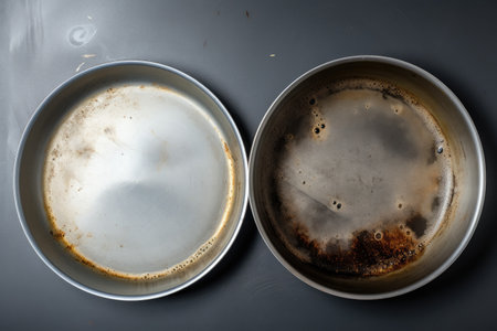 Comparison of a burnt pan image before and after cleaning a stubbornly stained pot from a burnt cookの素材