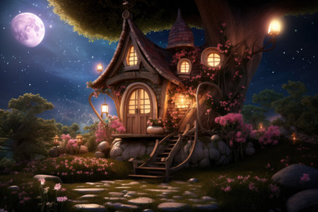Elf or gnome house in enchanted forest with blooming rose garden and moon rays at nightの素材