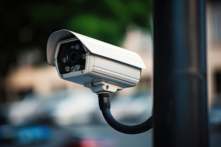 Car park surveillance cameras can prevent theft by recording video continuously day and nightの素材