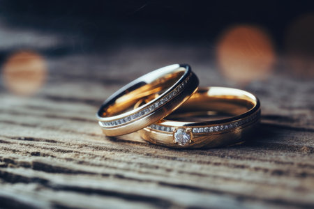 Elegant wedding rings rest on a wooden surface amid a floral bouquetの素材