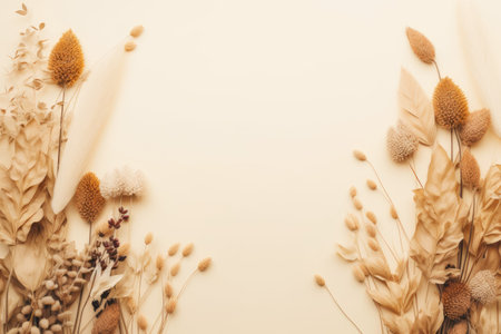 Flat lay top view mockup of natural grass leaves and flowers on beige background with copy spaceの素材