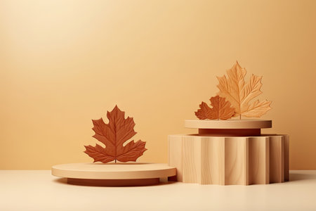 Fall themed wooden podium and backdrop used for showcasing goods and cosmetics Simple and minimalistの素材