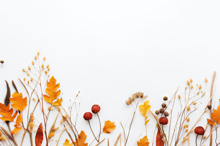 Fallen leaves dry petals dried flowers simple branches orange flower on white Top view flat lay copyの素材