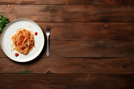 Empty white plate with red sauce vegetables and pasta on wooden tableの素材