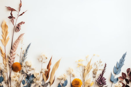 Dried flowers and leaves arranged creatively in a vintage flat lay Nature inspired floral card withの素材