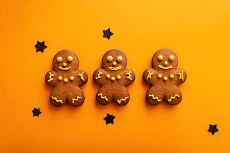 Ginger pumpkin shaped biscuits on yellow Halloween backgroundの素材