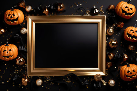 Gold frame with black and gold Halloween pumpkin and tinsel copy space isolated on black Flat lay toの素材