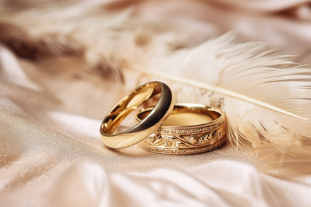 Golden wedding rings and feather create a soft retro background for marriageの素材