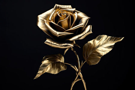 Golden rose with black leaves on black background Halloween or mystery theme elegant love and passioの素材
