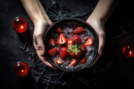 Halloween party with spooky bowl frozen hands strawberries and decorations on dark background flat lの素材