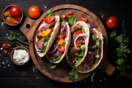 Greek gyro in pita with veggies sauce wood backdrop Overhead viewの素材
