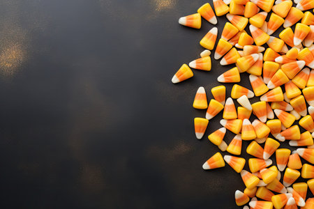 Halloween candy corn symbols on textured background with copy space Flat lay for all hallows eve Topの素材