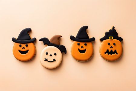 Halloween gingerbread cookies Jack O Lantern ghost bat and black hat on beige background Minimal Halの素材