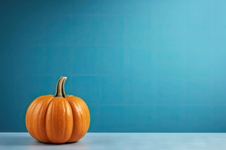 Halloween or Thanksgiving celebration Small orange pumpkin on a blue background with cosmetics podiuの素材