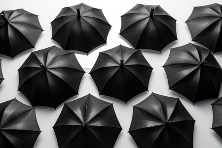 Leadership business concept Black umbrella overshadowing gray umbrellas on white backgroundの素材