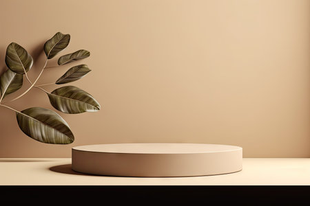 Leaf podium showcasing cosmetic products on a beige background for branding and packaging displayの素材