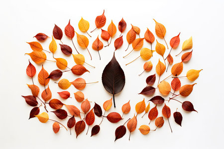 Minimal autumn nature scene Autumn leaves and branches arranged as a campfire on a white table Top dの素材