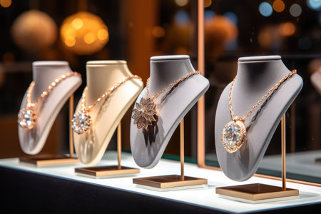 Luxury retail store showcases jewelry rings and necklaces with diamondsの素材