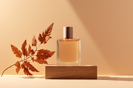 Minimalistic branding scene featuring a fall themed display of natural wood autumn leaves and a glasの素材