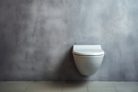 New toilet bowl next to grey wallの素材