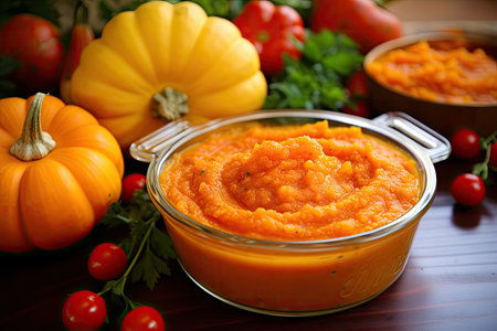Make a pumpkin puree with vegetables oil and spices Good as a chilled or warm starter Can be servedの素材