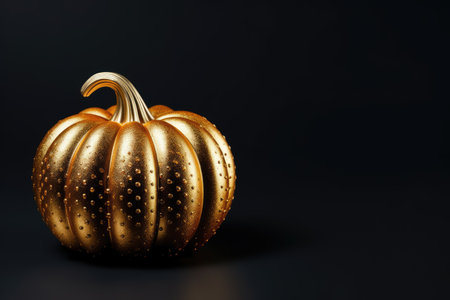 Modern black and gold Halloween pumpkin isolated on black background with space for textの素材